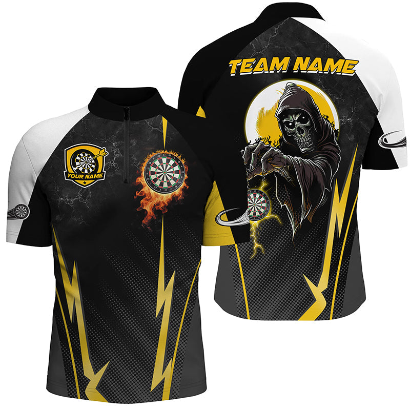 Individuelles Lustiges Death Skeleton Gelb Schwarz Herren Shirt mit Viertelreißverschluss, Cooles Dart Team Trikot TDM2190