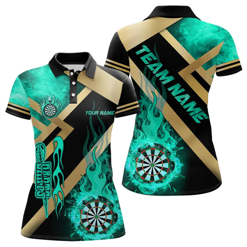 Individuelles Gold-Türkis Dartbrett Feuerflamme Poloshirt für Damen, Darts-Shirt Dart-Trikot TDM3402