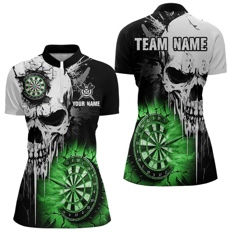 Individuelles Grunge Schädel Damen Dart Quarter Zip Shirt, Grüne Darts Team Trikots TDM3699