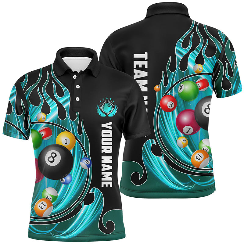 3D Billardkugeln Feuer-Flamme individuelles Poloshirt für Herren, Billard-Liga-Teamtrikot |Cyan TDM2720