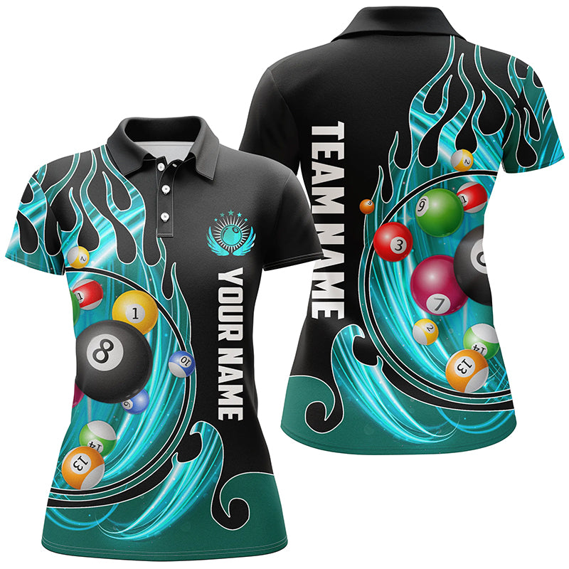 Billardkugeln Feuer-Flammen individuelles Poloshirt für Damen, Billardliga-Teamtrikot | Cyan TDM2720