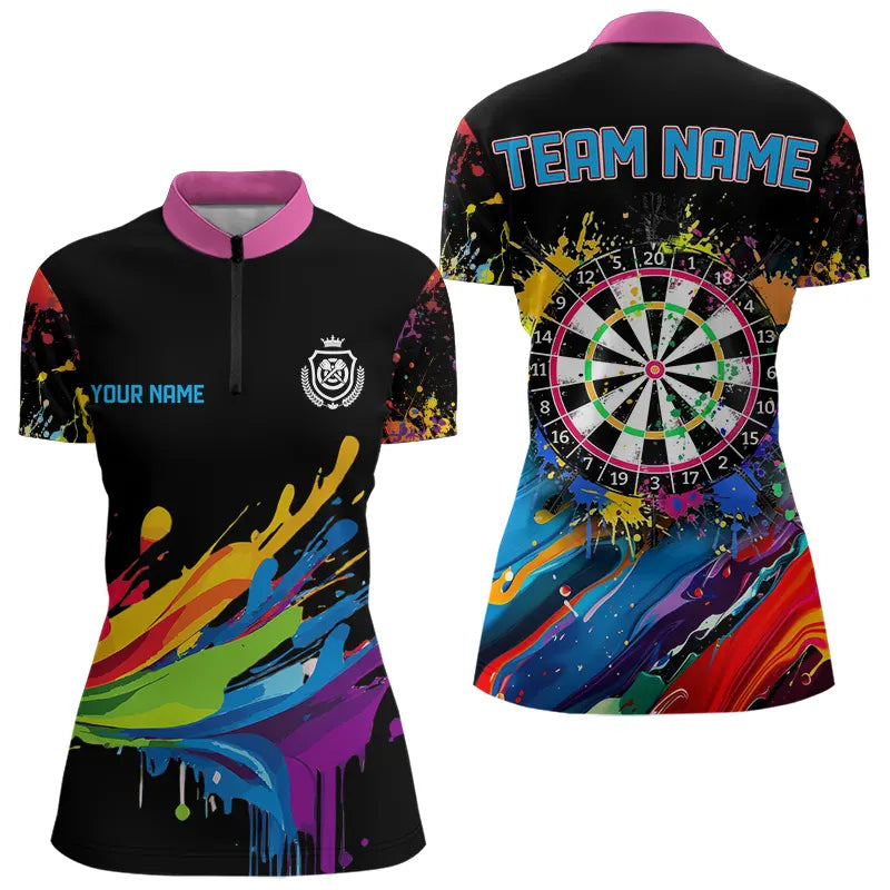 Individuelles Lustiges Dartbrett Bunte Farbspritzer Damen Quarter Zip Shirt, Dart Trikot TDM3544