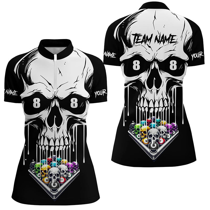 Lustiges Totenkopf-Billardkugeln Quarter-Zip Shirt für Damen, maßgeschneiderte einzigartige Billard-Bekleidung TDM2199
