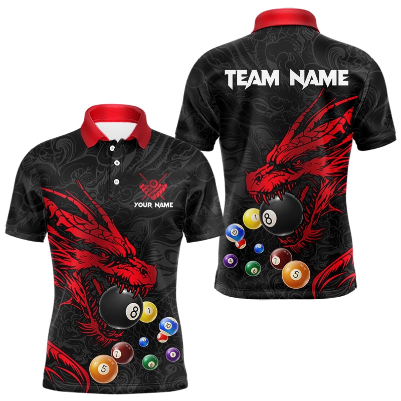 Personalisiertes Rot-Schwarzes Drachen-Billardkugeln Poloshirt für Herren, Billard-Liga-Teamtrikot TDM3414