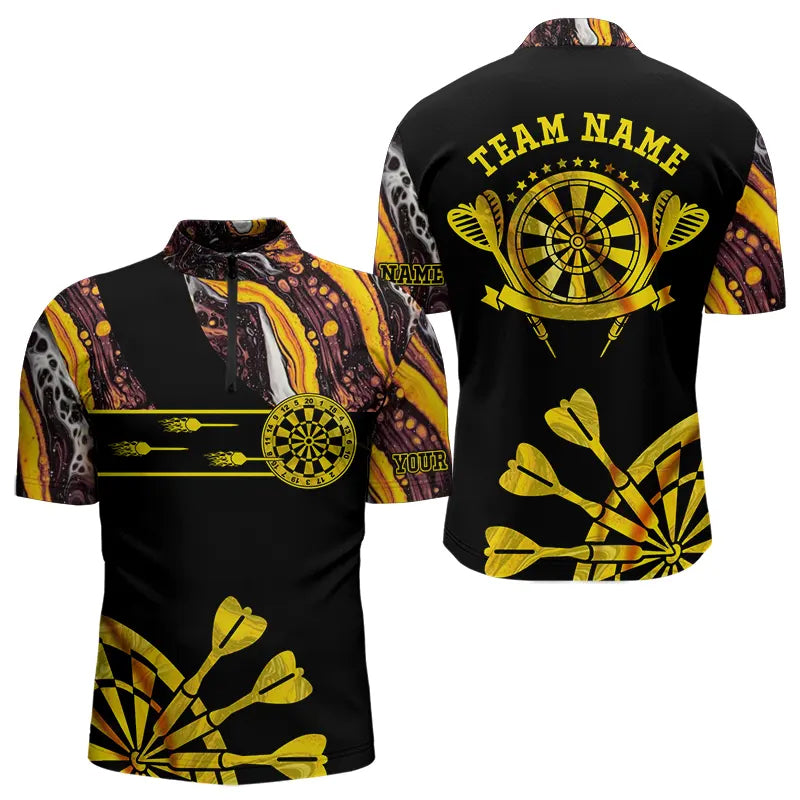 Individuelles Gelb Golden Tie Dye Dart Viertelreißverschluss Herren Shirt – Leuchtende Dart Trikots TDM3709