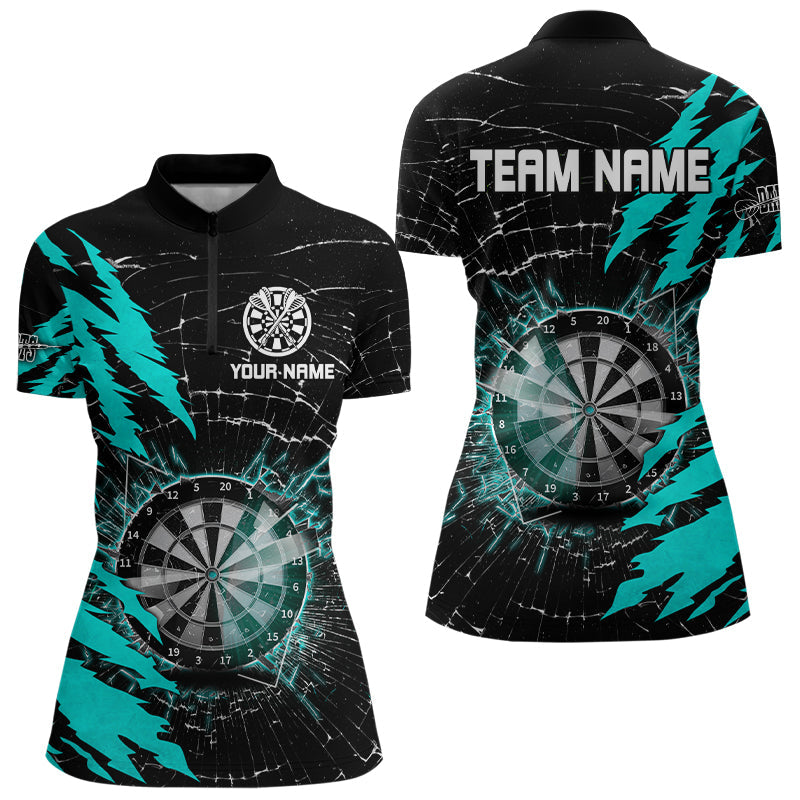 Schwarz-Cyan Dartbrett Glassprung Individuelles Dart Damen Quarter Zip Shirt, Team Dart Trikot TDM3216