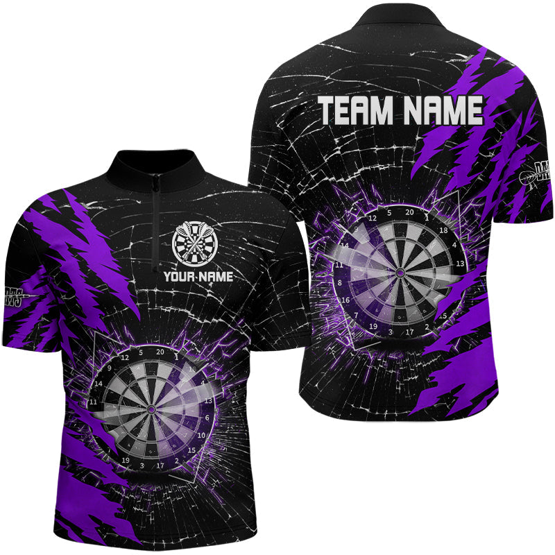 Individuelles Schwarz und Lila Darts Board Break Glass Dart Herren Shirt mit Viertelreißverschluss, Team Dart Trikot TDM3217