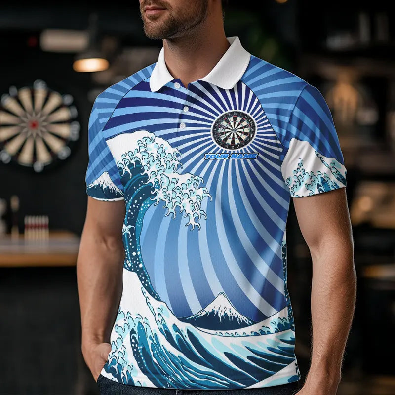 Personalisierte Blaue Darts Wellen Meer Darts Polo & Viertelreißverschluss Herren Dartshirts Lustiges Darttrikot TDM3419