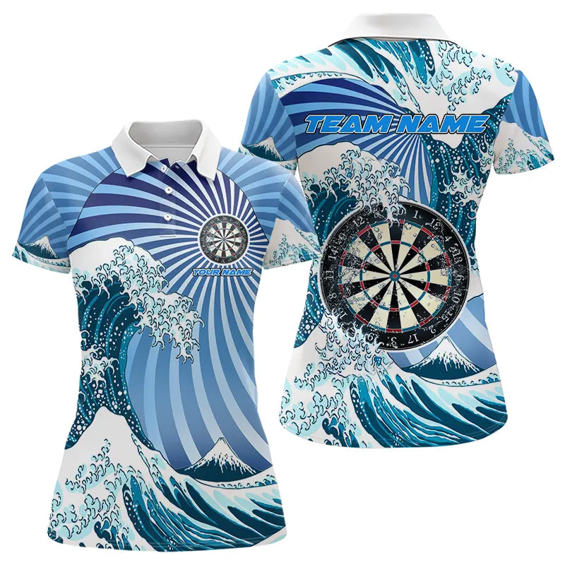 Blau Darts Wellen Meer Dartpolo & 1/4 Reißverschluss personalisierte Damen-Dartshirts, witziges Trikot TDM3419
