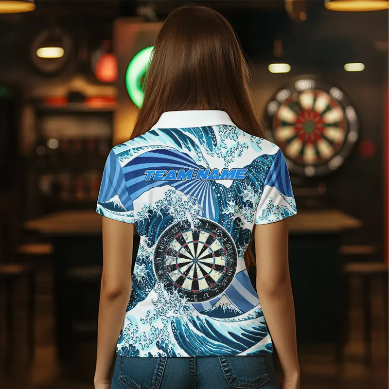 Blau Darts Wellen Meer Dartpolo & 1/4 Reißverschluss personalisierte Damen-Dartshirts, witziges Trikot TDM3419
