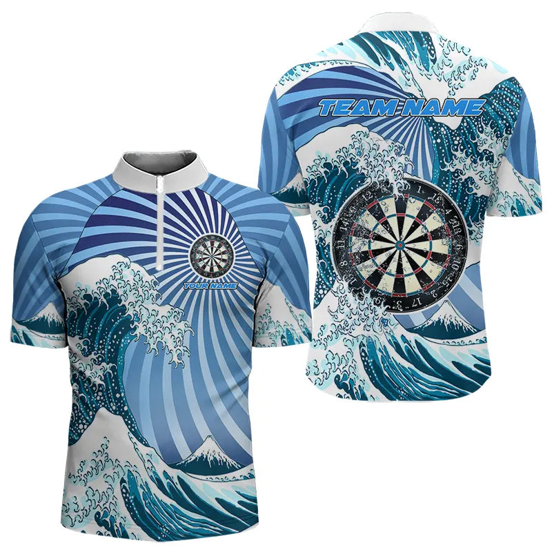 Personalisierte Blaue Darts Wellen Meer Darts Polo & Viertelreißverschluss Herren Dartshirts Lustiges Darttrikot TDM3419