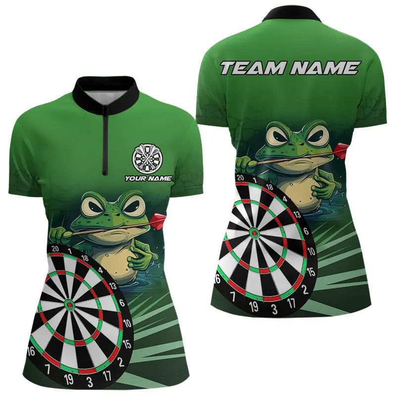 Individuelles Grüner Lustiger Frosch Darts Damen Quarter Zip Shirt, Dart Trikot Team Outfit TDM3558