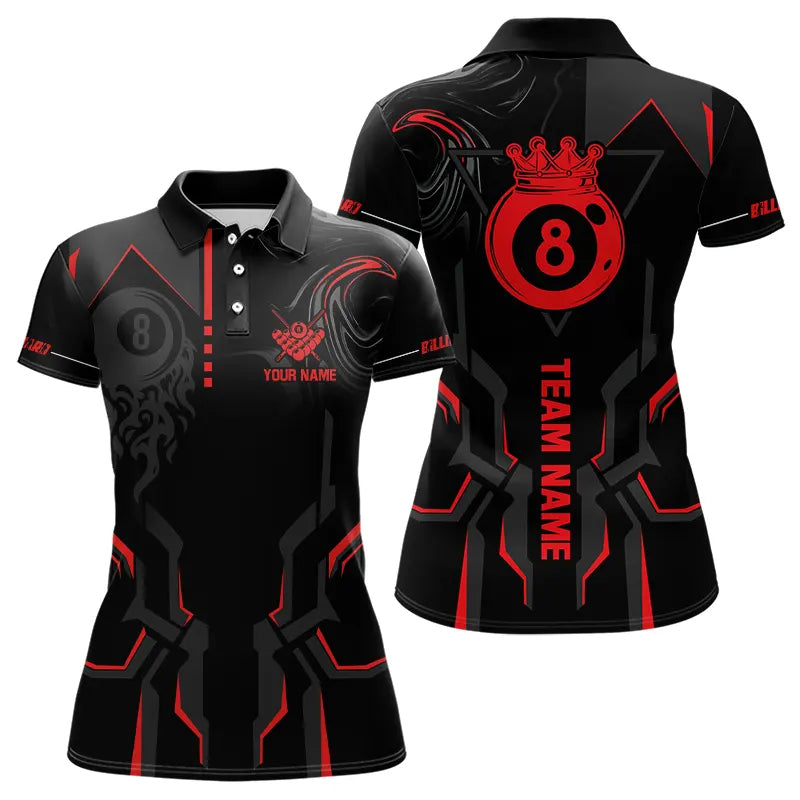 Individuelles 8-Ball-Pool-Krone Poloshirt für Damen, Rot-Schwarzes Billardteam-Shirt TDM3564