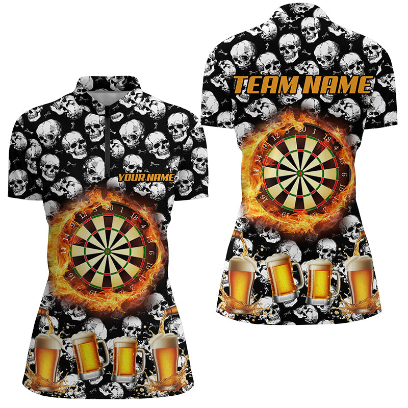 Individuelles Flammen Dartboard Bier Totenkopf Dart Damen Quarter Zip Shirt, Lustiges Trinken Dart Trikot TDM2734