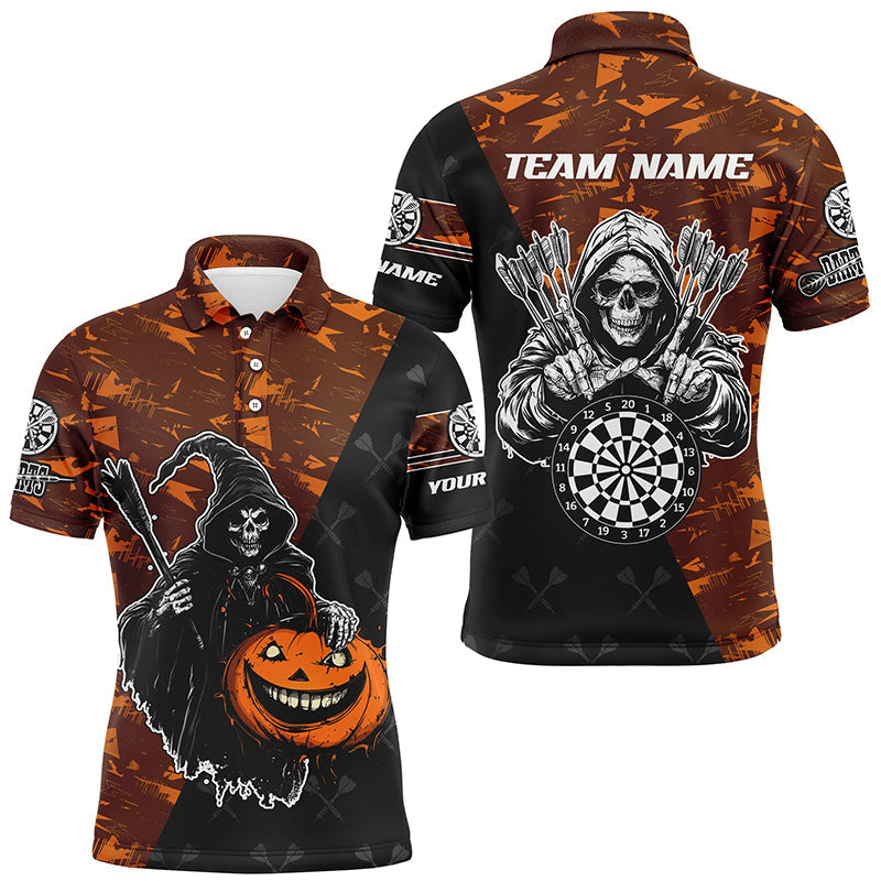 Individuelles Orange Death-Skeleton-Halloween-Dart-Poloshirt für Herren, Gruseliges Darttrikot TDM2736