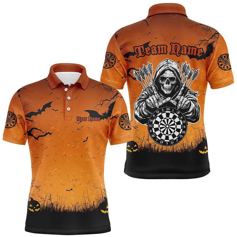 Individuelles Orange Halloween-Spuk-Nacht-Dart-Poloshirt für Herren, Gruseliger Skelett-Dart-Outfit TDM2737