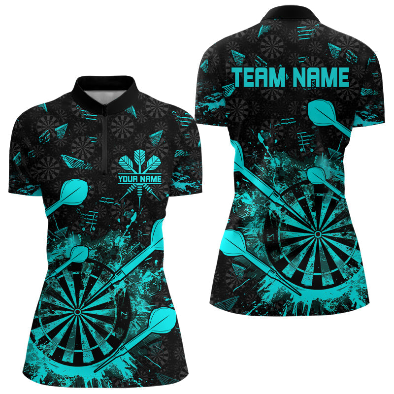 Schwarz und Türkis Grunge Dartpolo, 1/4 Reißverschluss für Damen, personalisiertes Dart-Teamshirt TDM3226