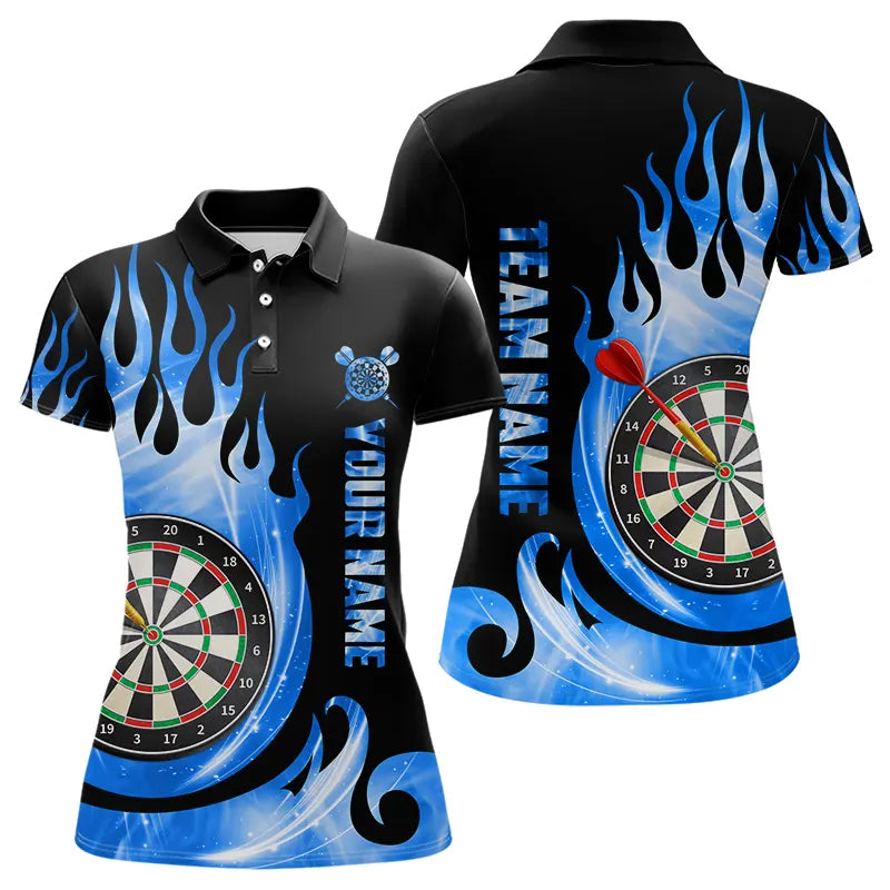 Individuelles Schwarz-Blaues Feuerflamme-Licht Darts-Poloshirt für Damen, Dartshirt Dart-Trikot TDM3424