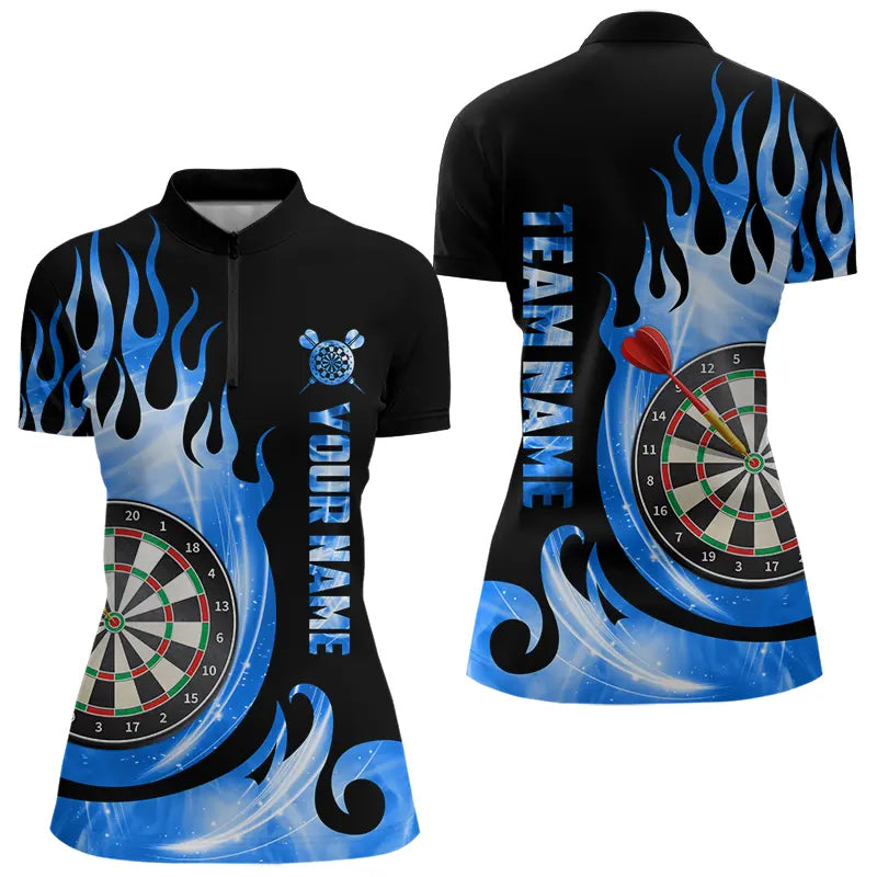 Individuelles Schwarz-Blau Feuerflamme Licht Darts Damen Quarter Zip Shirt, Dartshirt Dart Trikot TDM3424
