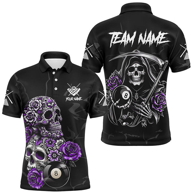 Lila lustiges Schädel-Rosen 8-Ball Poloshirt für Herren, individuelles Pool-Teamshirt-Design TDM2756