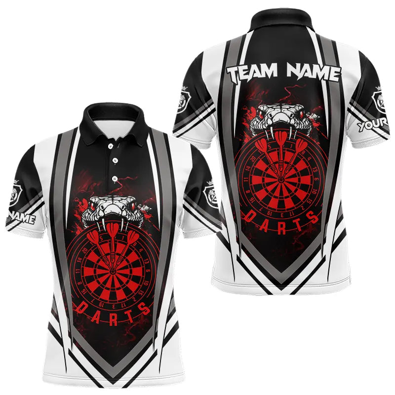 Individuelles schwarz-weißes Kobra-Schlangen-Dart-Poloshirt für Herren, Dart-Teamoutfit rot TDM3586