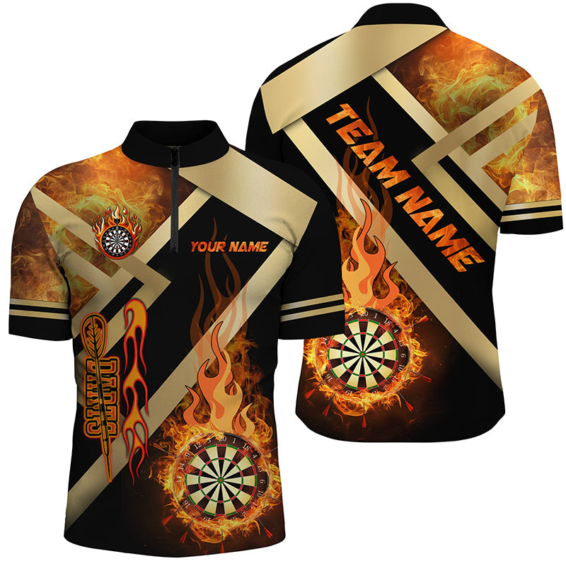 Personalisierte Gold-Schwarz Dartscheibe mit Feuer – Herren Dartshirts & Teamtrikots TDM2048