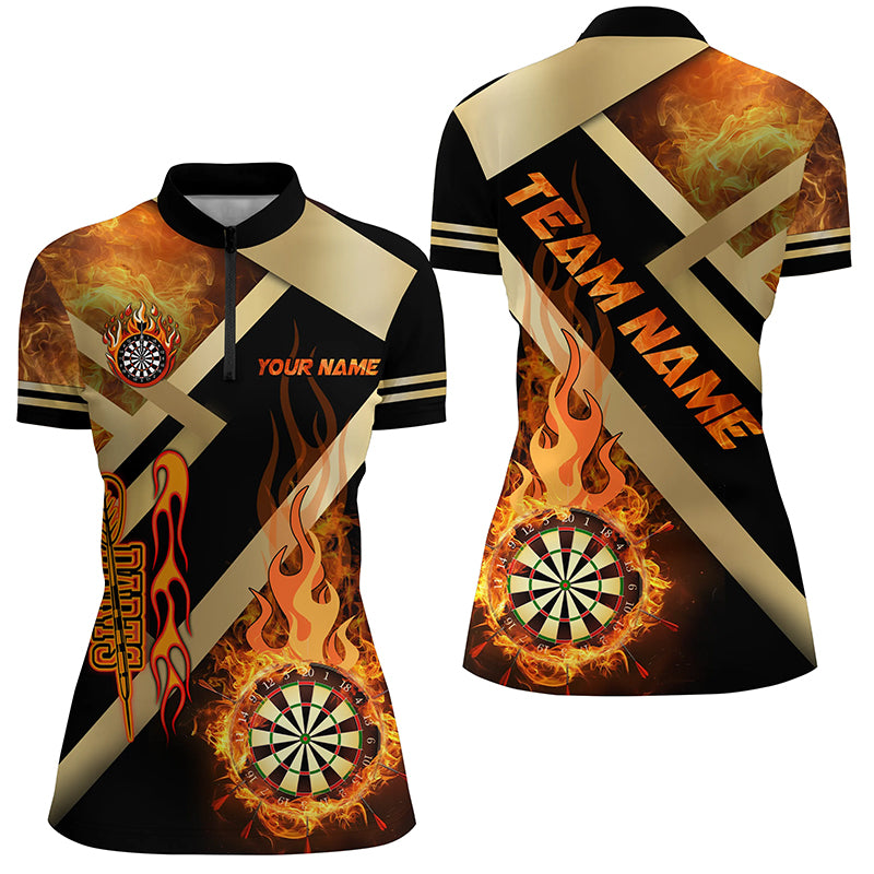 Personalisierte Gold-Schwarz Dartscheibe mit Feuer – Damen Dartshirts & Teamtrikots TDM2048