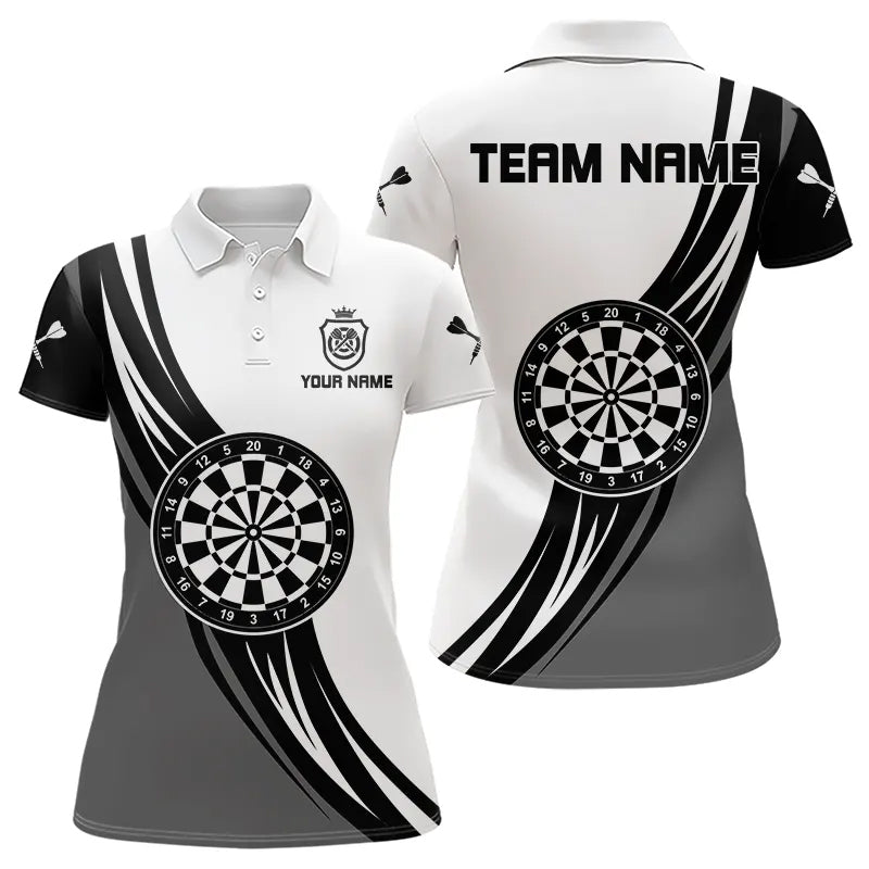 Individuelles Schwarz, Weiß und Grau Dartbrett Krone Dart-Poloshirt für Damen – Dart-Team-Trikots TDM3750