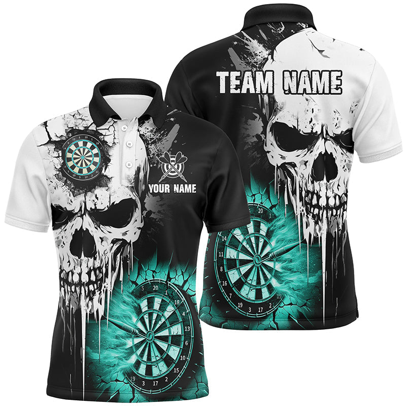 Individuelles Grunge-Totenschädel-Riss-Wand-Dart-Poloshirt für Herren, Türkises Dart-Teamtrikot TDM2784