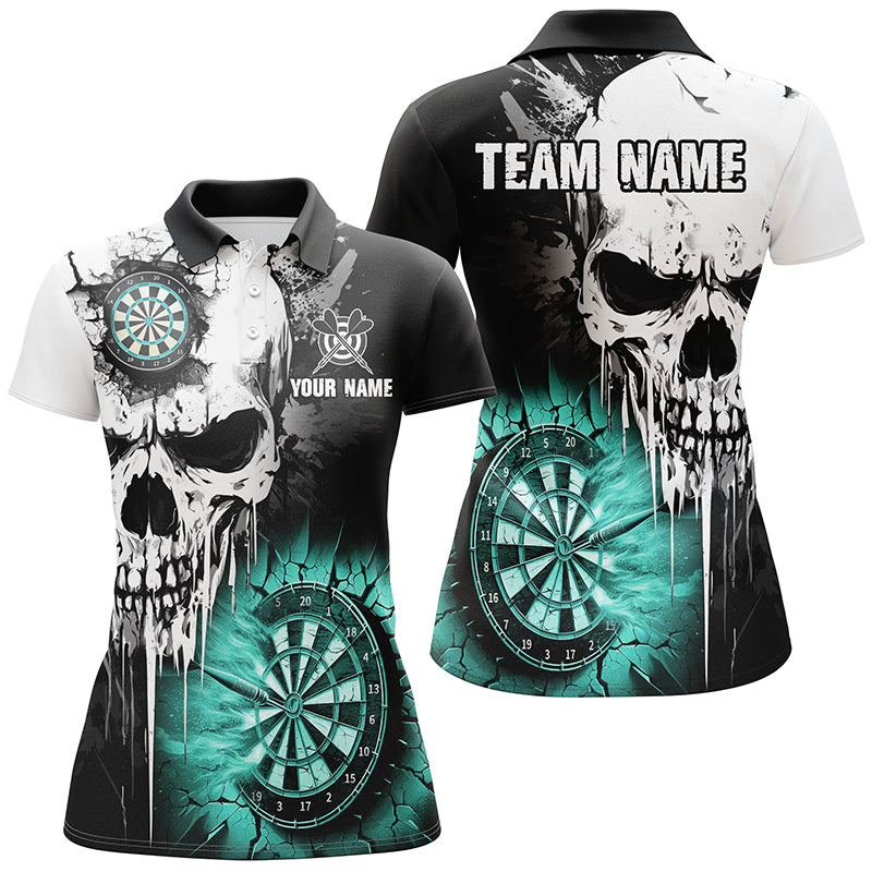 Individuelles Grunge Skull Riss Wand Dart Poloshirt für Damen, Türkises Team Dart Trikot TDM2784
