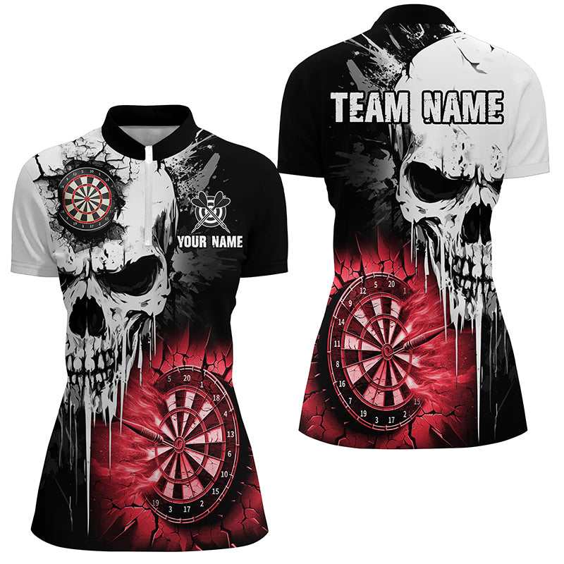 Personalisierte Grunge-Schädel Risswand Damen Dartshirts – Gruselige Teamtrikots | Rot TDM2786