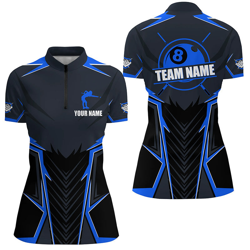 Billard-Trikot für Damen, maßgeschneidertes Quarter-Zip Shirt, 8-Ball-Pool-Team-Shirt – Blau TDM3030