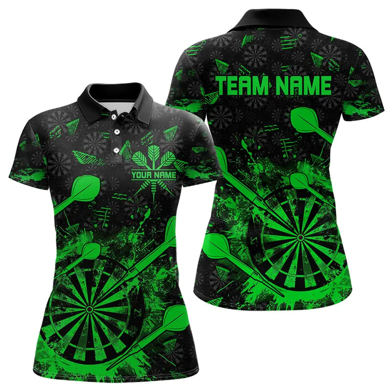 Individuelle Schwarz-Grüne Grunge Darts-Poloshirts für Damen, Dart-Trikot-Team TDM3464