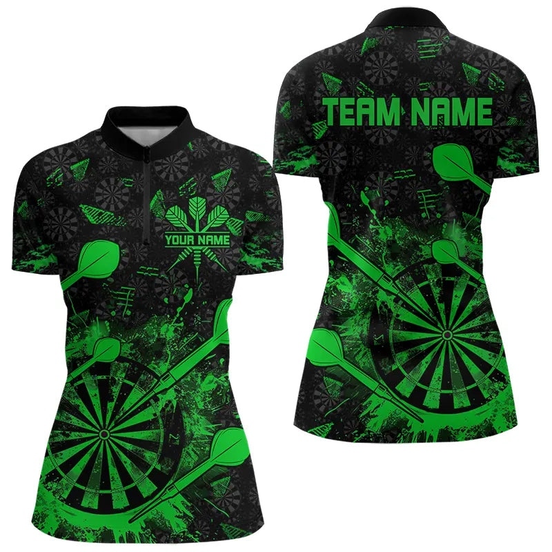 Individuelles Schwarz-Grün Grunge Darts Damen Quarter Zip Shirt, Dart Trikot Team TDM3464