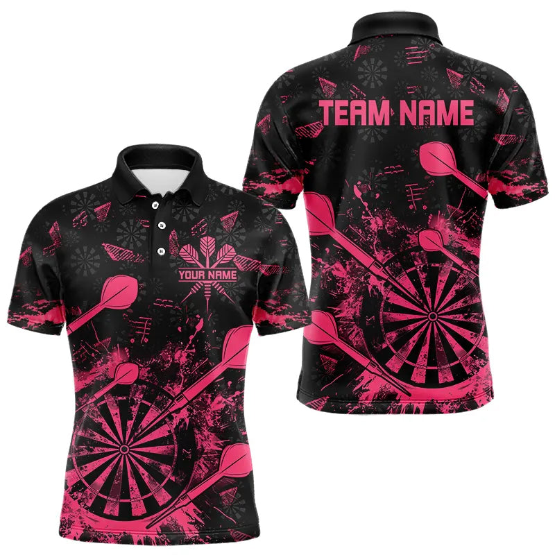 Individuelle schwarz-pinke Grunge-Dart-Poloshirts für Herren, Dart-Teamtrikot TDM3465