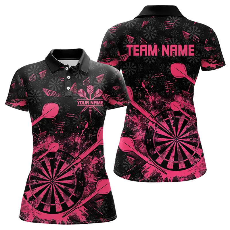 Individuelle Schwarz-Rosa Grunge Darts-Poloshirts für Damen, Dart-Trikot-Team TDM3465