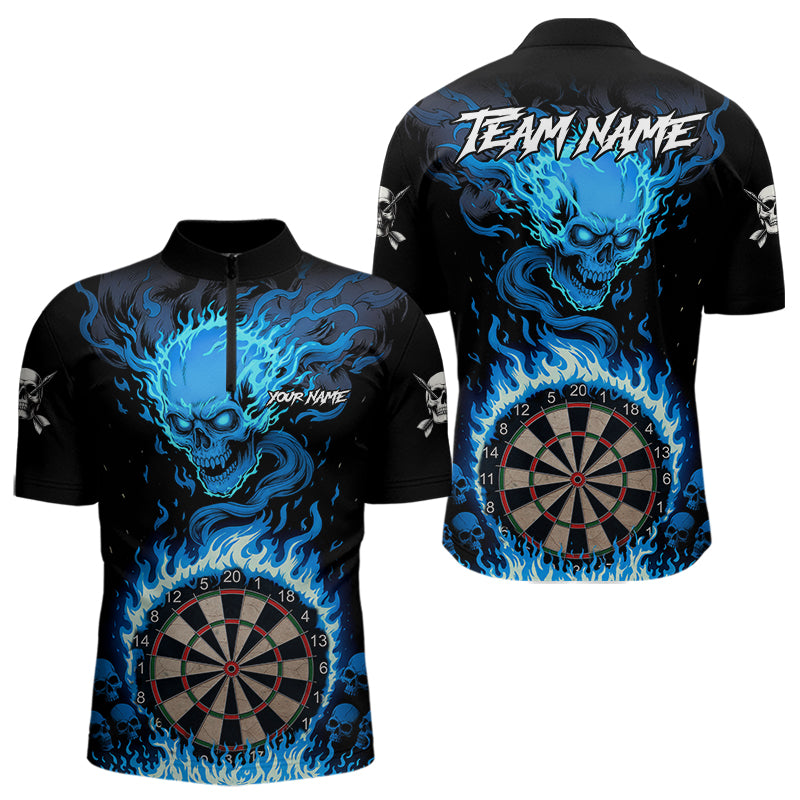 Blaues Flaming-Skull Dartshirt Für Herren – Personalisiertes Teamtrikot Polo & Quarter Zip TDM5054