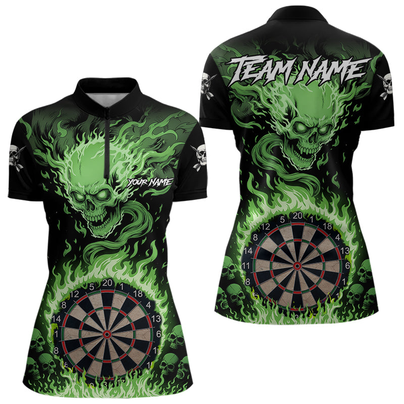 Grünes Flaming-Skull Dartshirt Für Damen – Personalisiertes Teamtrikot Polo & Quarter Zip TDM5055