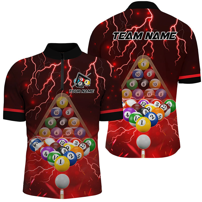 Thunder Lightning Storm maßgeschneidertes 3D Herren Quarter-Zip Shirt, Billiard Balls Team Jersey - Rot TDM3048
