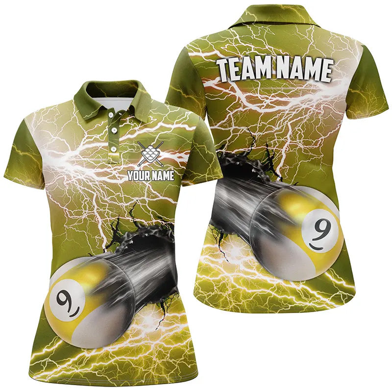 Lustiges 9-Ball-Pool-Rush-Out Donner-Blitz gelbes Poloshirt für Damen, individuelles Teamshirt TDM0970