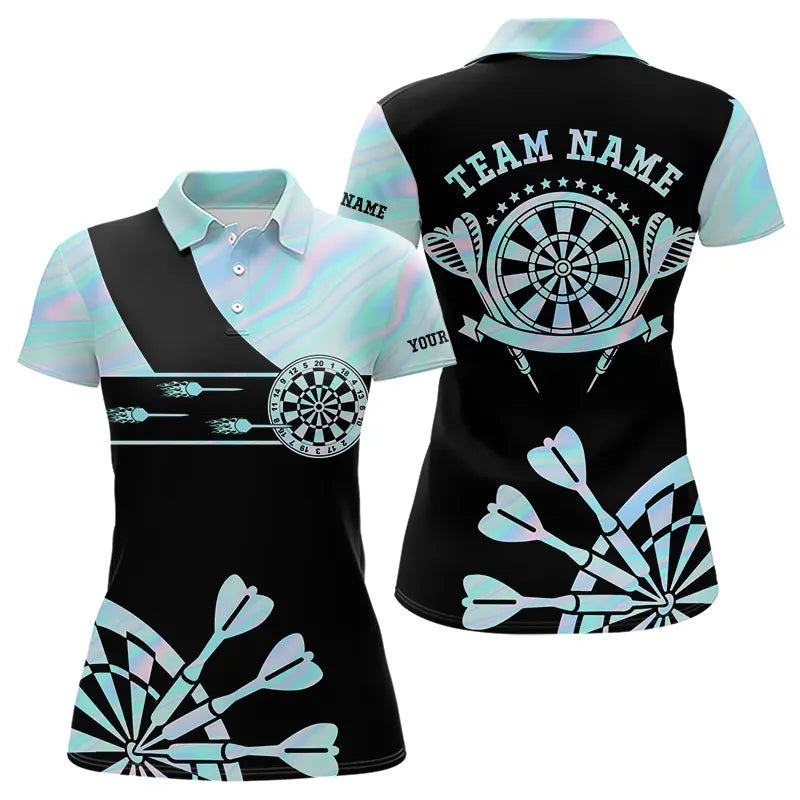 Individuelles Holografisches Blaues Darts Batik-Poloshirt für Damen, Leuchtendes Dart-Trikot TDM3623