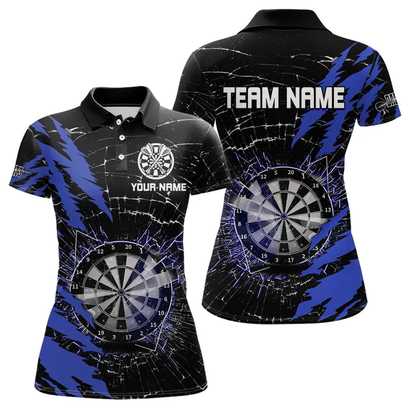 Individuelles Schwarz-Blau Dartbrett Glasbruch Poloshirt für Damen, Dart-Trikot-Team TDM3494