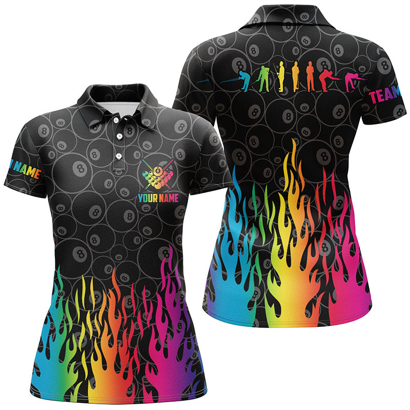 Billard-Regenbogen-Feuer-Snooker-Spielerin individuelles 3D-Poloshirt für Damen, Poolspielerin-Shirt TDM0640