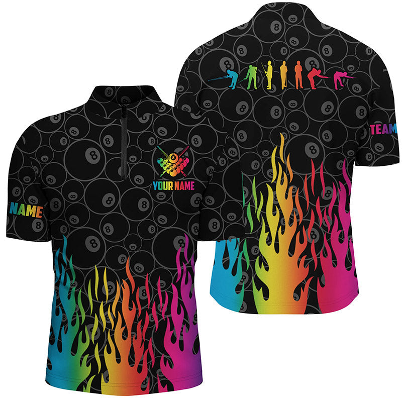 Billard Regenbogenfeuer Snooker-Spieler individuelles 3D-Shirt mit Viertelreißverschluss für Herren, Poolspieler-Shirt TDM0640