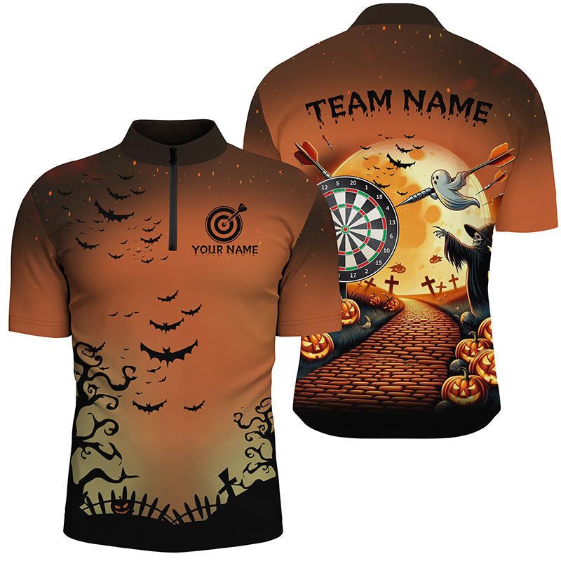 Individuelles Lustiges Halloween Herren Shirt mit Viertelreißverschluss, Schwarze und Orange Dart Trikots Für Team TDM2638