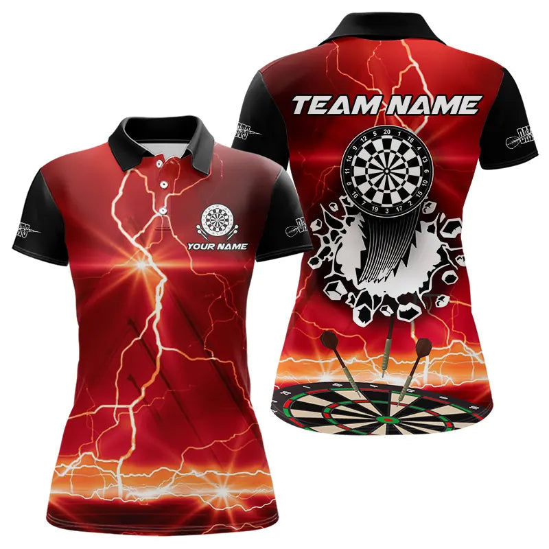 Lustiges Dartbrett-Blitz Rot-Schwarz Dart-Poloshirt für Damen, Dart-Trikot TDM3673