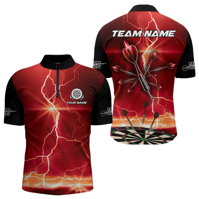 Individuelles Schwarz und Rot Dart Pfeil Thunder Lightning Darts Viertelreißverschluss Herren Shirt, Dart Trikot TDM3674