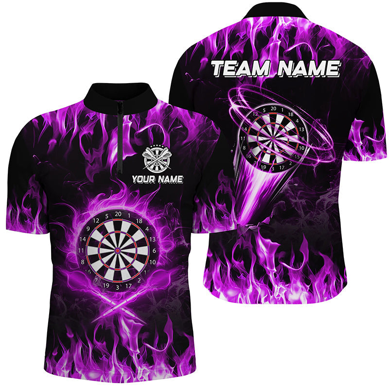 Individuelles Lila Fire Flame Dart Herren Shirt mit Viertelreißverschluss, Lightning Dart League Team Trikot TDM2662