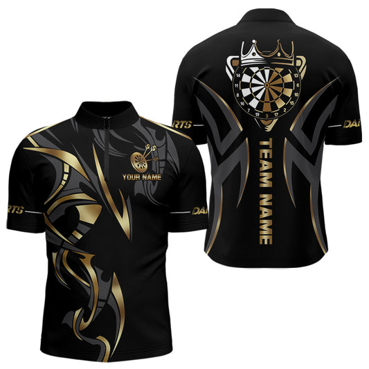 Individuelles Schwarz und Gold Dartboard Krone Dart Viertelreißverschluss Herren Shirt – Team Dart Trikot TDM3835