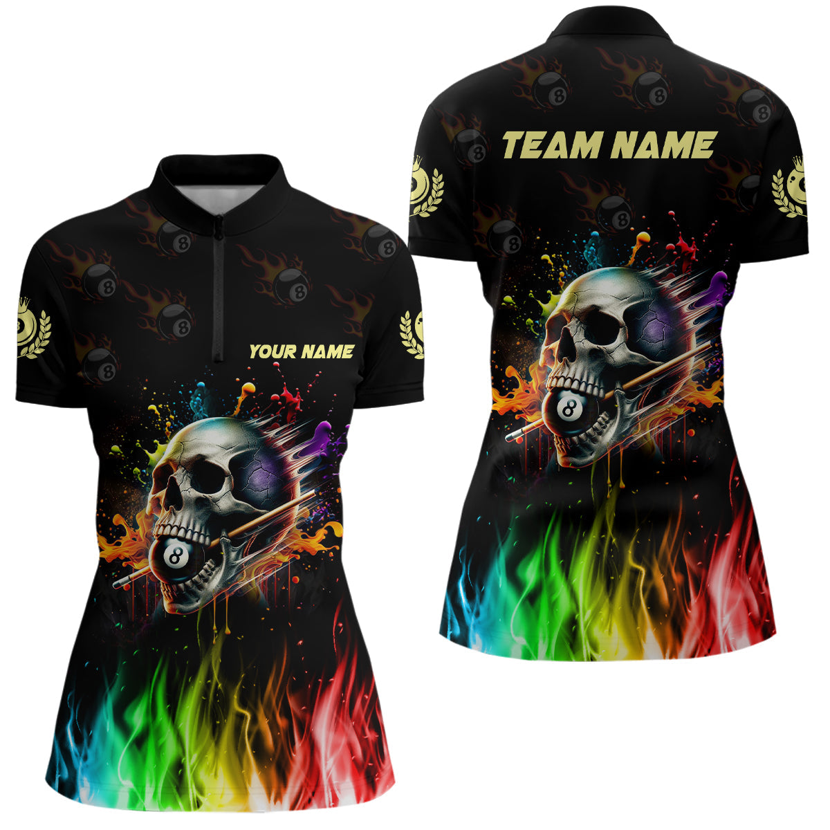 Lustiges Billard Buntes Totenkopf maßgeschneidertes Quarter-Zip Shirt für Damen, 3D-Poolspieler-Shirt TDM1066